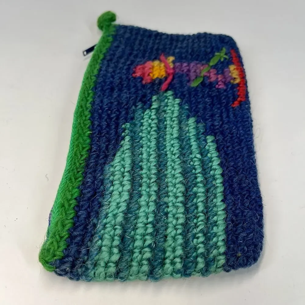 Handmade Wool Crochet Bag Pouch BoHo Zip Closure Lined Cycling Skiing Blue Green
